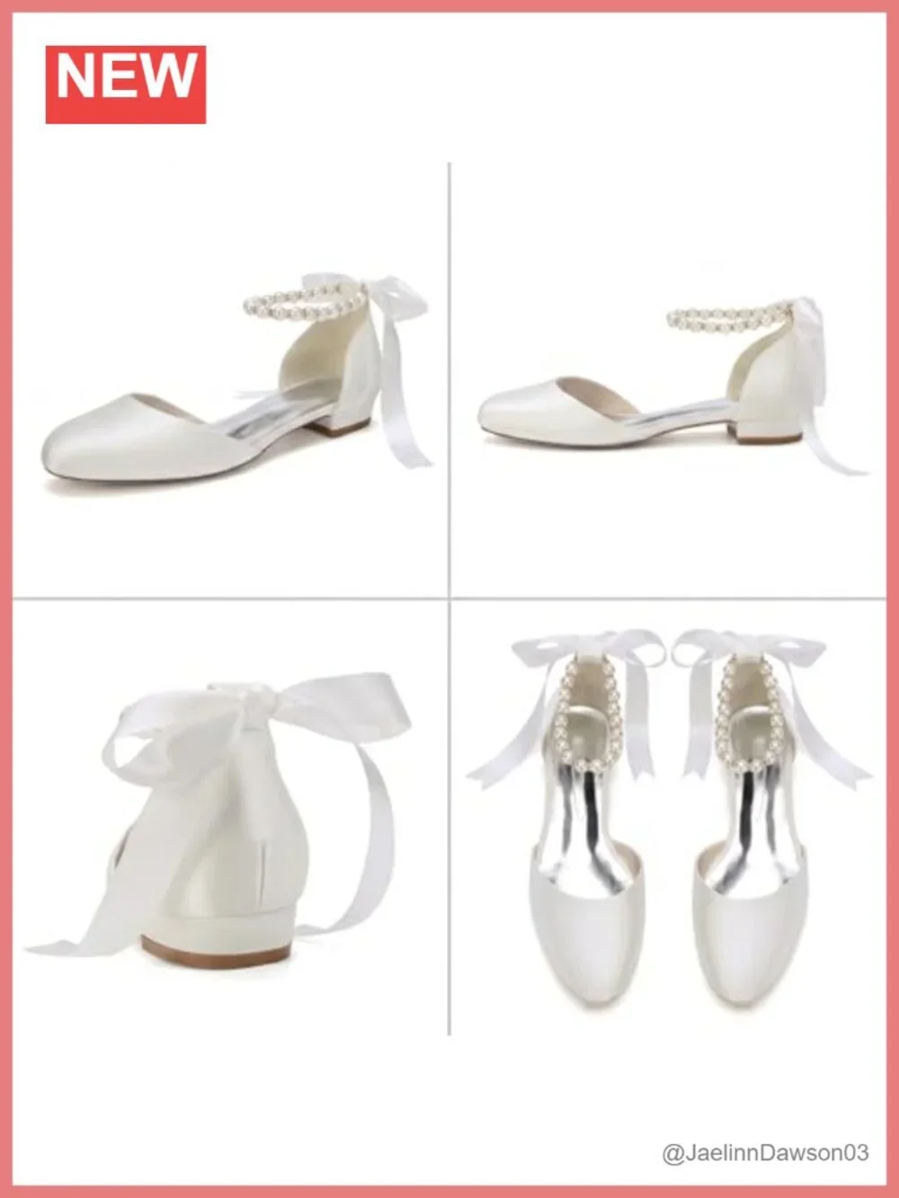 Satin Wedding Flats with Pearl Ankle Strap and Ribbon Tie, Low Heel Dress Shoes